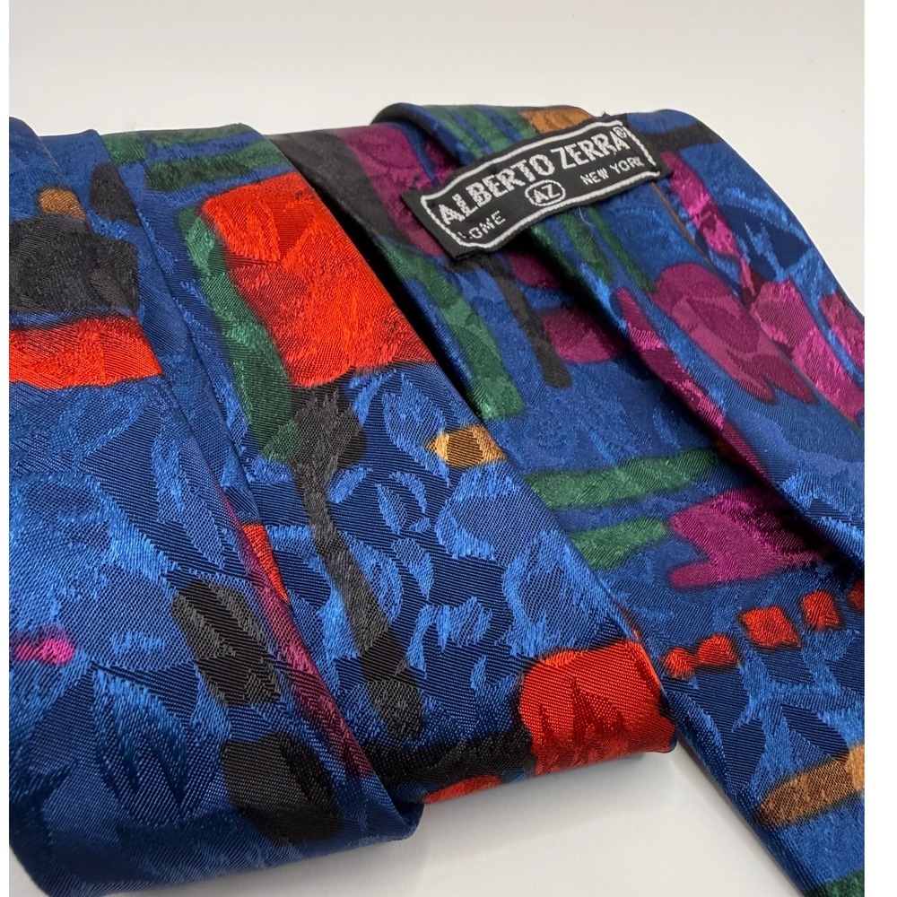 Alberto Zerra Necktie OS Blue Abstract Geometric 90s Retro Silk Tie Jacquard - Picture 4 of 7